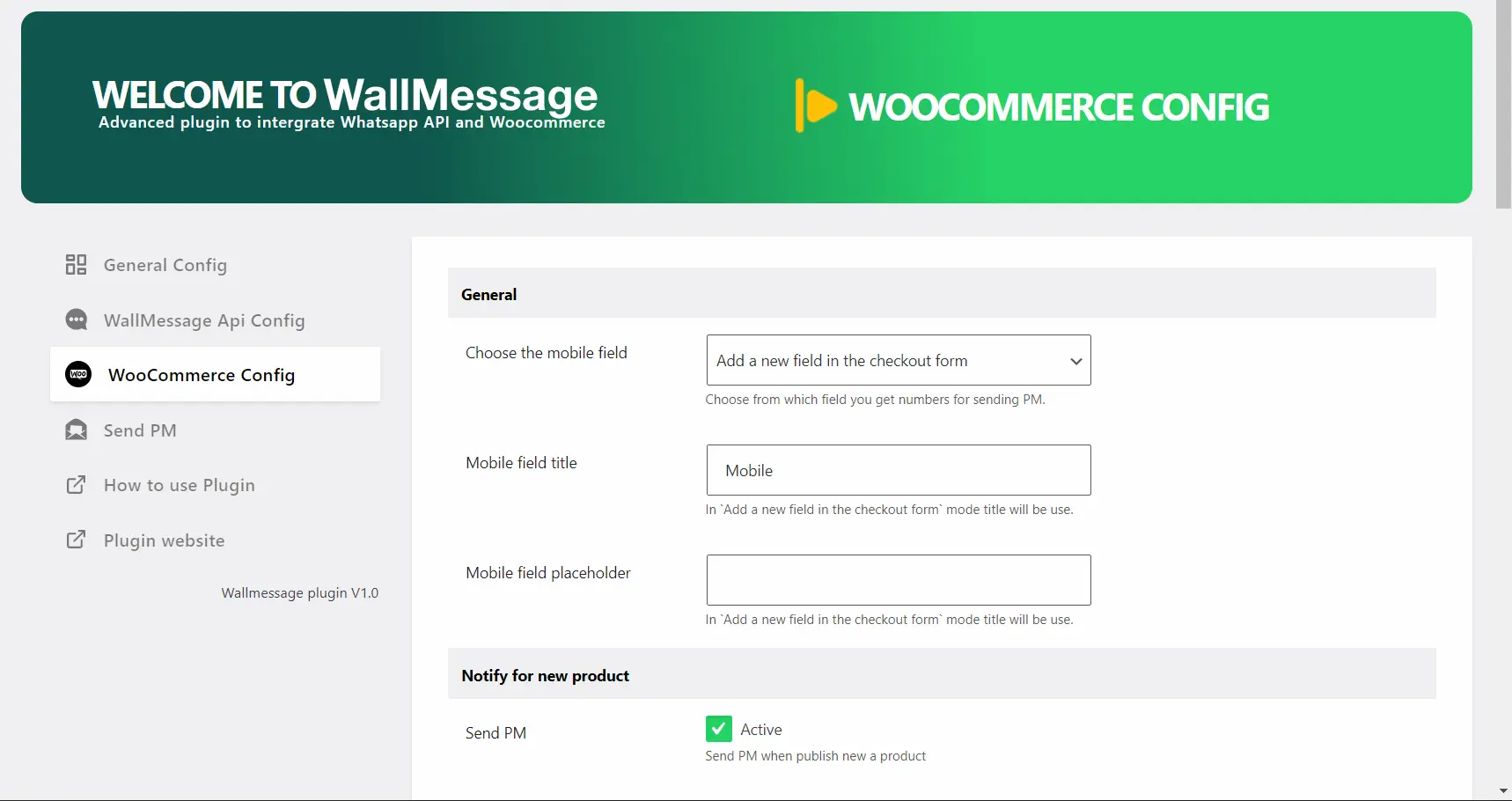 wallmessage plugin woocommerce config